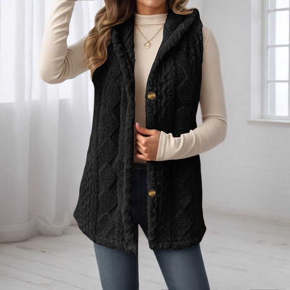 FAOWME Women Hooded Vest Coat Fuzzy Sleeveless Solid Color Buttons Loose Comfortable Warm Jacket For Daily Wear Black S