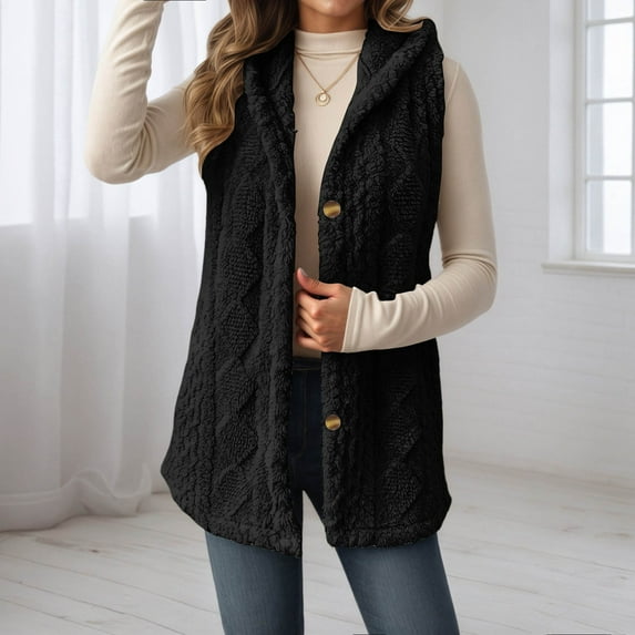 FAOWME Women Hooded Vest Coat Fuzzy Sleeveless Solid Color Buttons Loose Comfortable Warm Jacket For Daily Wear Black Xxl