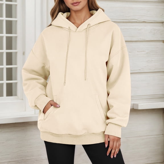 FAOWME Women Hoodies With Pocket Drawstring Long Sleeve Plush Casual Comfortable Warm Sweatshirt For Daily Wear Beige L