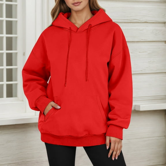 FAOWME Women Hoodies With Pocket Drawstring Long Sleeve Plush Casual Comfortable Warm Sweatshirt For Daily Wear Red S