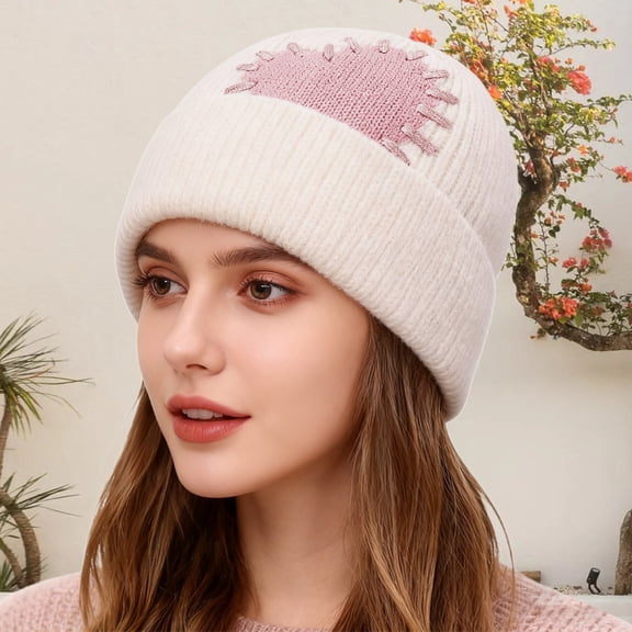 FAOWME Women Knitted Hats Love Heart Embroidery Windproof Comfortable Fashion Warm Caps For Autumn Winter Daily Wear White One Size
