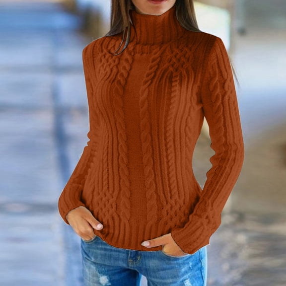 FAOWME Women Knitted Sweater Long Sleeve Turtleneck Solid Color Comfortable Slim Fit Bottom Pullover For Autumn Winter Daily Wear Brown Xxl