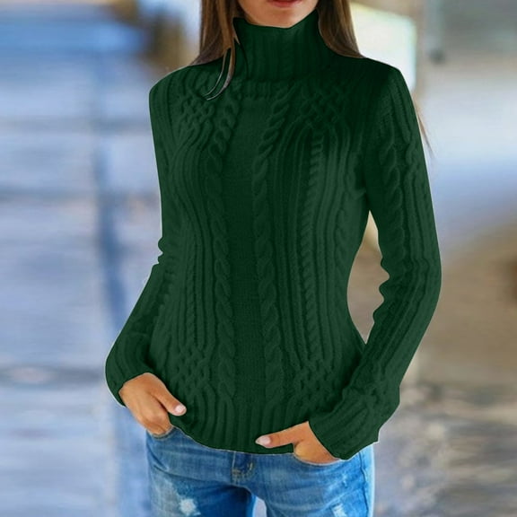 FAOWME Women Knitted Sweater Long Sleeve Turtleneck Solid Color Comfortable Slim Fit Bottom Pullover For Autumn Winter Daily Wear Green Xl