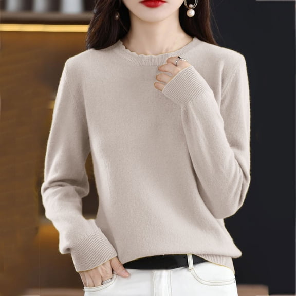 FAOWME Women Knitted Sweater Long Sleeved Round Neck Solid Color Casual Slim Fit Bottoming Top For Autumn Winter Daily Wear Khaki M