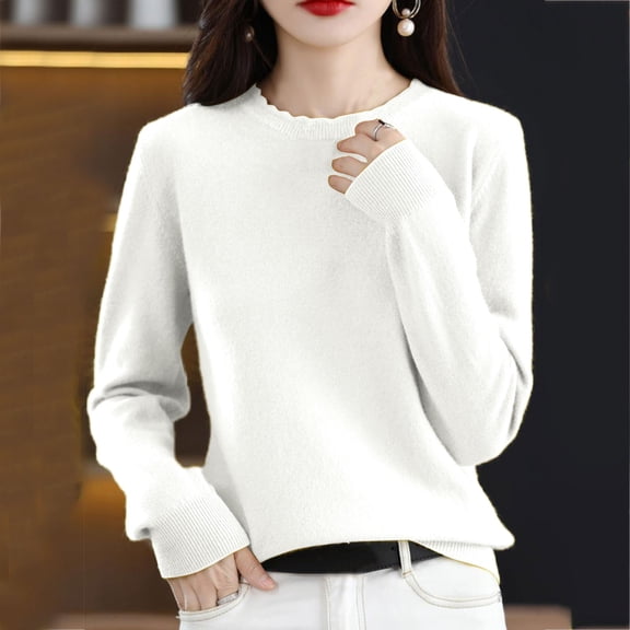 FAOWME Women Knitted Sweater Long Sleeved Round Neck Solid Color Casual Slim Fit Bottoming Top For Autumn Winter Daily Wear White M
