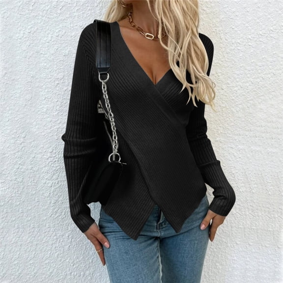 FAOWME Women Knitting Sweater Long Sleeve V Neck Solid Color Slim Fit Fashion Warm Pullover Top For Daily Wear Black Xl