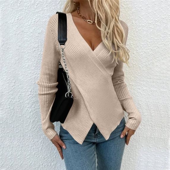 FAOWME Women Knitting Sweater Long Sleeve V Neck Solid Color Slim Fit Fashion Warm Pullover Top For Daily Wear Khaki S