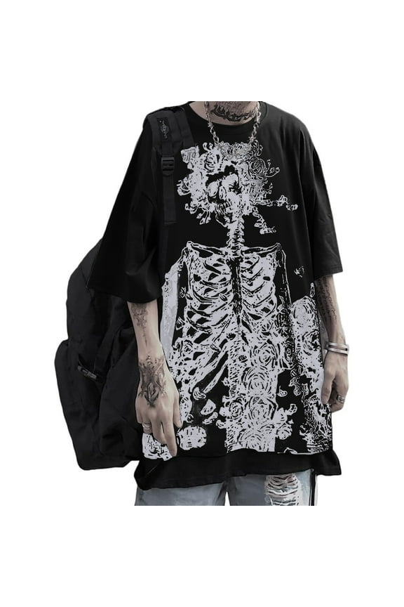 Women Man Halloween T Shirt Round Neck Half Sleeve Skeleton Print Plus Size Comfortable Stylish Tee Tops For Casual Daily Wear,Black,Xxxl