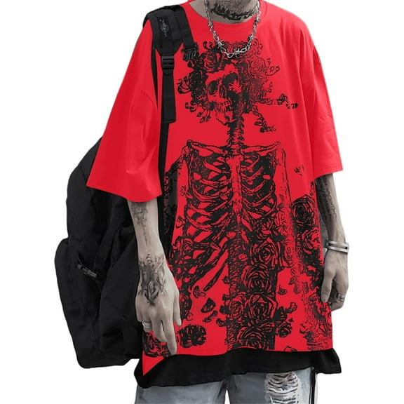 FAOWME Women Man Halloween T Shirt Round Neck Half Sleeve Skeleton Print Plus Size Comfortable Stylish Tee Tops For Casual Daily Wear,Red,S