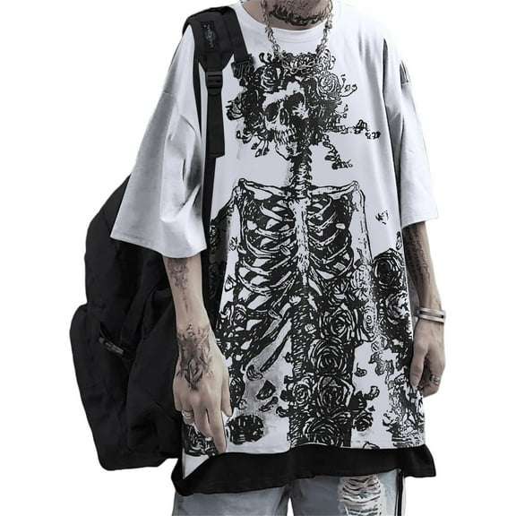 FAOWME Women Man Halloween T Shirt Round Neck Half Sleeve Skeleton Print Plus Size Comfortable Stylish Tee Tops For Casual Daily Wear,White,Xl