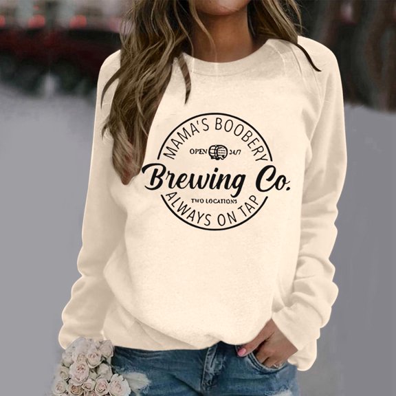 FAOWME Women Pullover Long Sleeve Round Neck Letter Print Comfortable Fashion Soft Sweatshirt For Fall Winter Daily Wear Beige L