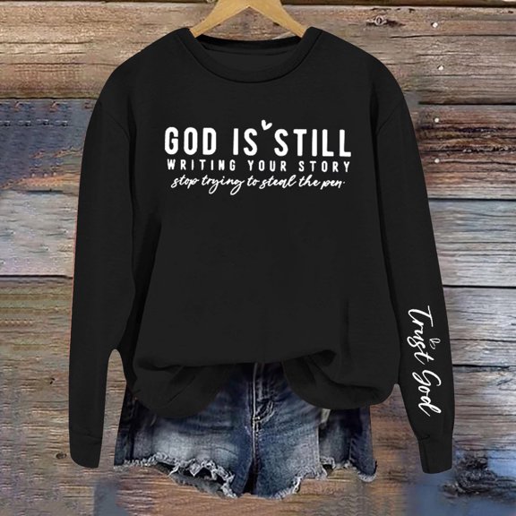 FAOWME Women Pullover Long Sleeve Round Neck Letter Print Comfortable Fashion Soft Sweatshirt For Fall Winter Daily Wear Black S