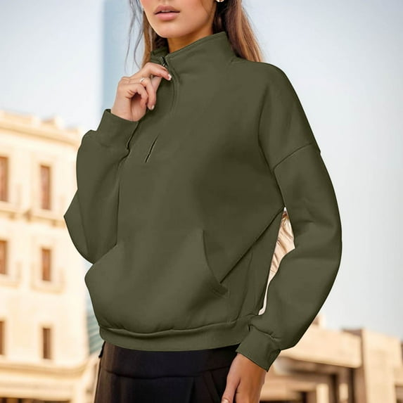 FAOWME Women Pullover With Pocket Long Sleeve Turtleneck Solid Color Zipper Comfortable Fashion Soft Sweatshirt For Fall Winter Daily Wear Army Green L