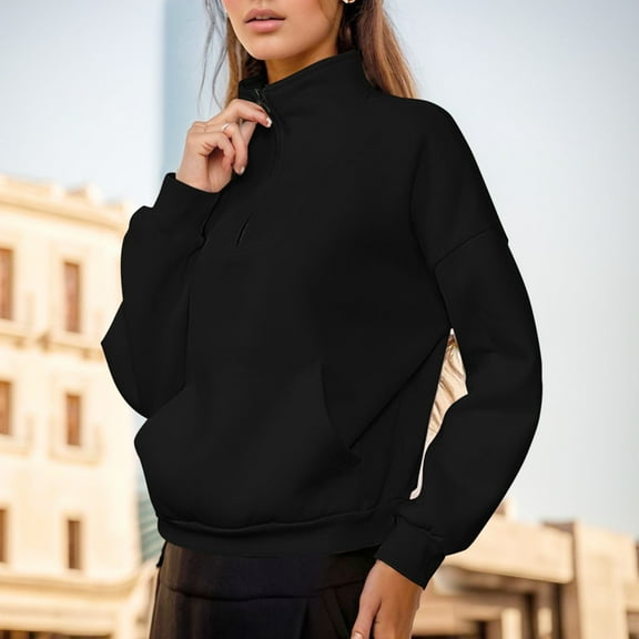 FAOWME Women Pullover With Pocket Long Sleeve Turtleneck Solid Color Zipper Comfortable Fashion Soft Sweatshirt For Fall Winter Daily Wear Black M