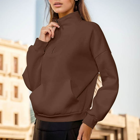 FAOWME Women Pullover With Pocket Long Sleeve Turtleneck Solid Color Zipper Comfortable Fashion Soft Sweatshirt For Fall Winter Daily Wear Coffee L