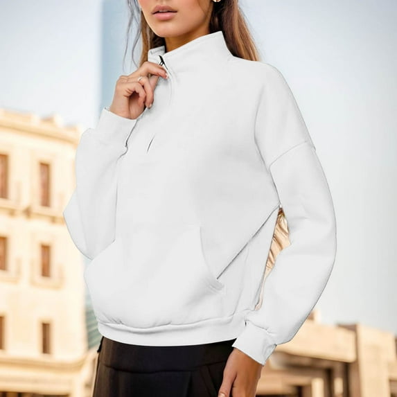 FAOWME Women Pullover With Pocket Long Sleeve Turtleneck Solid Color Zipper Comfortable Fashion Soft Sweatshirt For Fall Winter Daily Wear White Xl