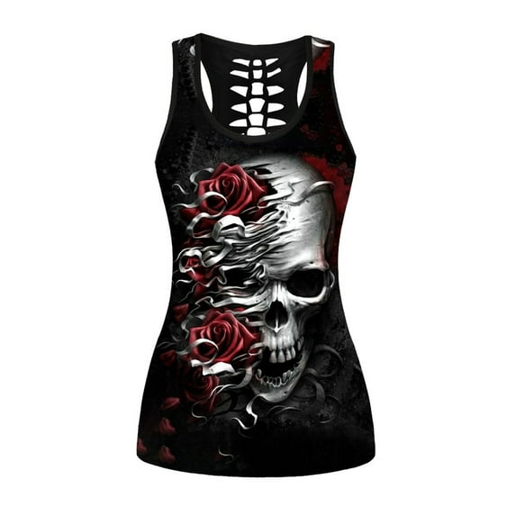 FAOWME Women'S Casual Tank Top Sleeveless Skull Printed Hollow Out Comfortable Breathable Stretchy Camisole Tee For Daily Wear And Party,Brick Red,L