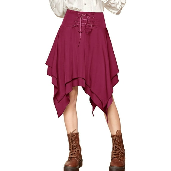 FAOWME Women'S Halloween Retro Skirt Solid Color Irregular Lace Up Comfortable Stylish Mini Skirt For Casual Daily Wear,Red,Xxl