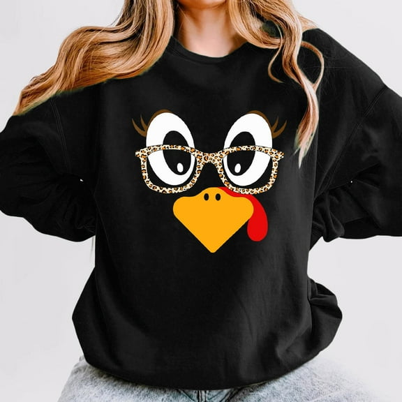 FAOWME Women Thanksgiving Pullover Long Sleeve Round Neck Cute Turkey Print Casual Loose Fit Sweatshirt For Fall Winter Daily Wear Black M