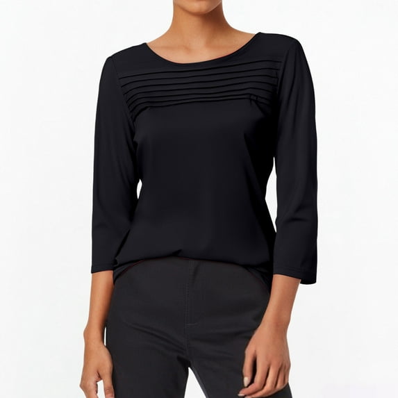 FAOWME Women Tops Long Sleeve Round Neck Solid Color Loose Fit Comfortable Casual T Shirt For Everyday Wear Black L