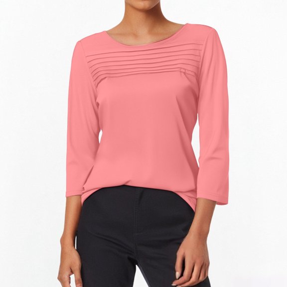 FAOWME Women Tops Long Sleeve Round Neck Solid Color Loose Fit Comfortable Casual T Shirt For Everyday Wear Pink S