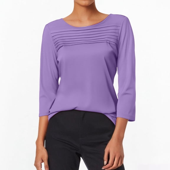 FAOWME Women Tops Long Sleeve Round Neck Solid Color Loose Fit Comfortable Casual T Shirt For Everyday Wear Purple Xxl