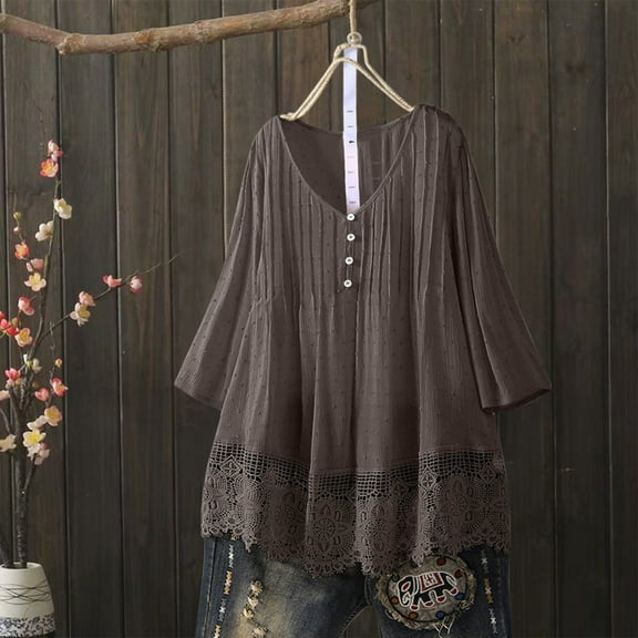 FAOWME Women Vintage Top Plus Size Three Quarter Sleeve V Neck Lace Trim Buttons Solid Color Fashion Loose Blouses For Daily Wear,Brown,Xxl