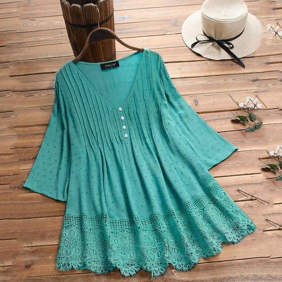 FAOWME Women Vintage Top Plus Size Three Quarter Sleeve V Neck Lace Trim Buttons Solid Color Fashion Loose Blouses For Daily Wear,Green,L