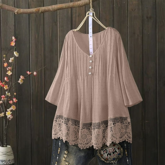 FAOWME Women Vintage Top Plus Size Three Quarter Sleeve V Neck Lace Trim Buttons Solid Color Fashion Loose Blouses For Daily Wear,Khaki,L