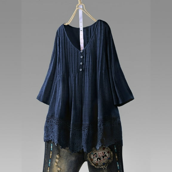 FAOWME Women Vintage Top Plus Size Three Quarter Sleeve V Neck Lace Trim Buttons Solid Color Fashion Loose Blouses For Daily Wear,Navy,Xl