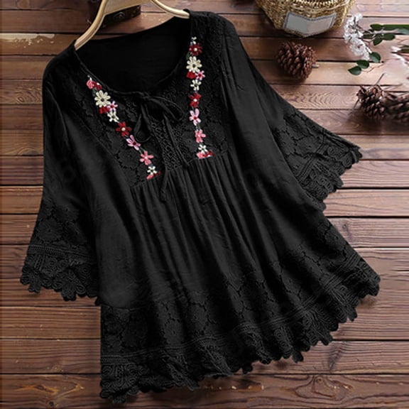 FAOWME Women Vintage Top Three Quarter Sleeve Lace Patchwork Lace Up Flower Embroidery Fashion Loose Blouses For Daily Wear,Black,Xl