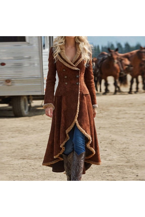 Women's Anorak Long Coat Long Sleeve Lapel Solid Color Plush Lined Button Down Retro Style Fashion Warm Jacket For Autumn Winter Outerwear Coffee S