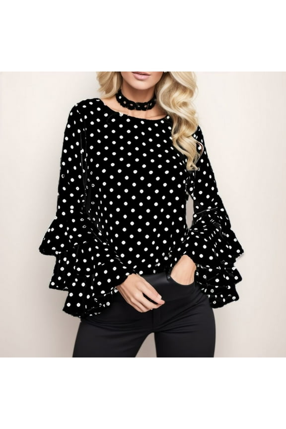 Women's Casual Blouse Round Neck Long Sleeve Flare Sleeve Dot Polka Print Fashion Loose Tops Shirt For Daily Wear,Black,Xl