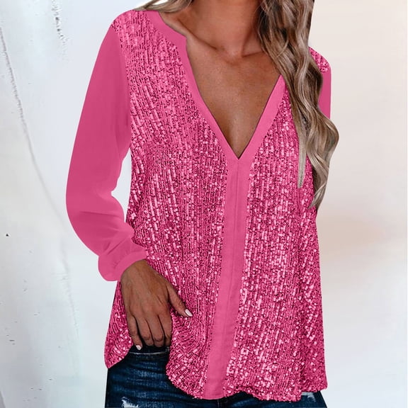 FAOWME Women's Casual Blouse V Neck Long Sleeve Sequin Solid Color Elegant Stylish Tops Shirts For Daily Wear,Hot Pink,S