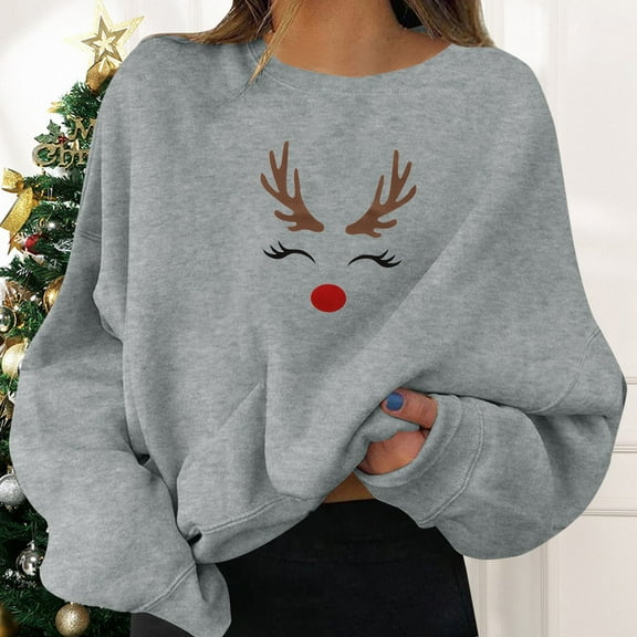 FAOWME Women's Christmas Pullover Long Sleeve Round Neck Reindeer Print Comfortable Fashion Soft Sweatshirt Top For Fall Winter Daily Wear Grey L
