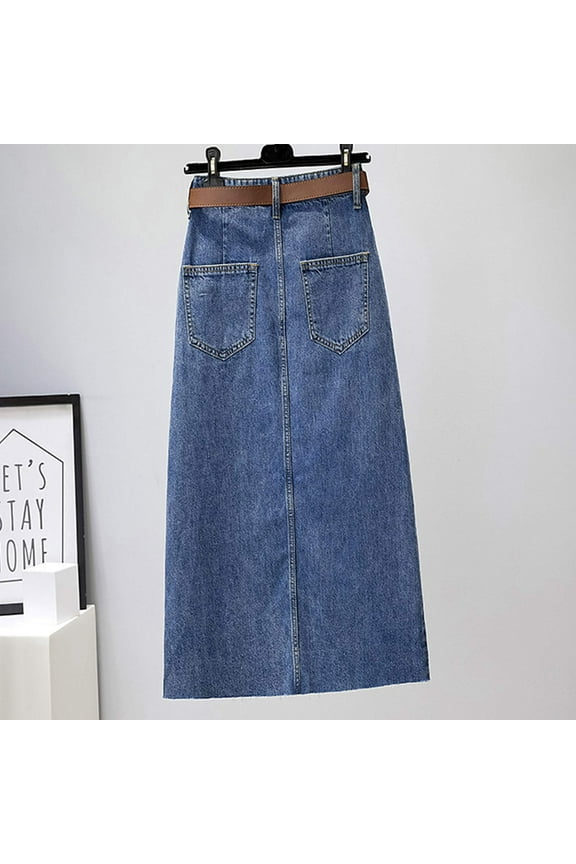 Women's Denim Skirt High Waisted A Line Side Split Comfortable Fashion Slim Fit Mid Length Skirts With Pockets For Casual Daily Wear,Blue,Xxl