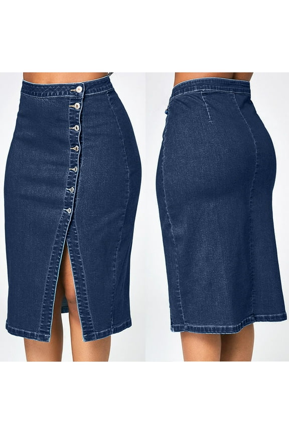 Women's Denim Skirt High Waisted A Line Side Split Comfortable Fashion Slim Fit Skirts For Casual Daily Wear,Blue,Xxxl