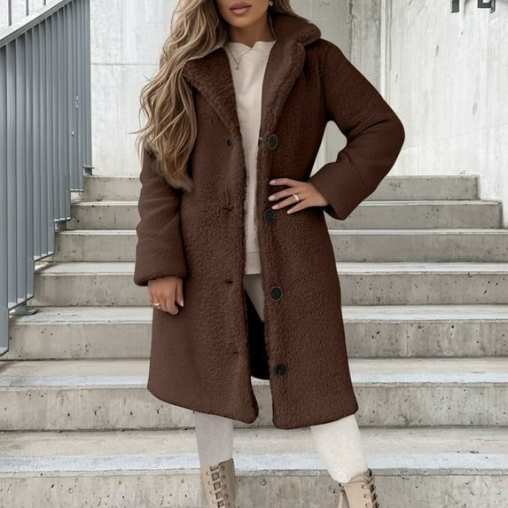 FAOWME Women's Fuzzy Coat Long Sleeve Lapel Solid Color Buttons Comfortable Thickened Warm Jacket For Autumn Winter Daily Wear Coffee Xl