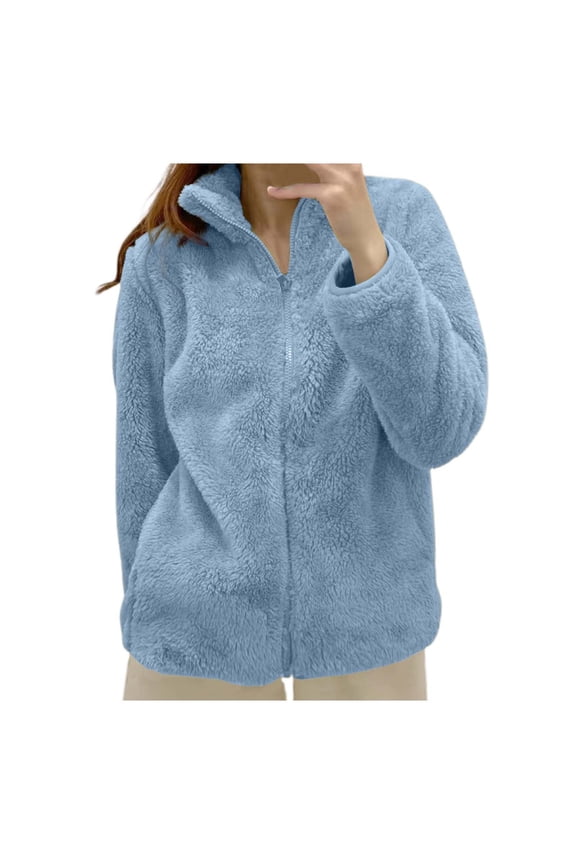 Women's Fuzzy Coat Long Sleeve Solid Color Stand Collar Zip Up Loose Casual Jacket For Outdoor Activities,Bu4,S