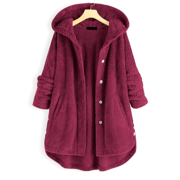 FAOWME Women's Fuzzy Hooded Coat With Pockets Long Sleeve Plus Size Solid Color Buttons Irregular Fashion Jacket For Autumn Winter Daily Wear,,Xxxxl