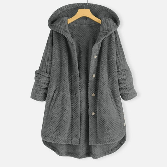 FAOWME Women's Fuzzy Hooded Coat With Pockets Long Sleeve Solid Color Buttons Comfortable Fashion Jacket For Autumn Winter Daily Wear,Grey,Xxl