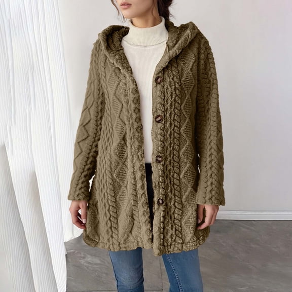 FAOWME Women's Hooded Cardigan Long Sleeve Solid Color Button Down Knit Comfortable Warm Jacket Coat For Fall Winter Daily Wear Coffee S