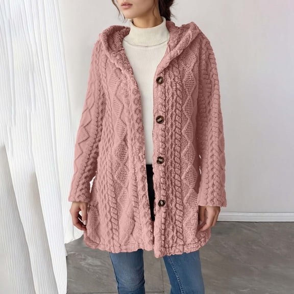 FAOWME Women's Hooded Cardigan Long Sleeve Solid Color Button Down Knit Comfortable Warm Jacket Coat For Fall Winter Daily Wear Pink M