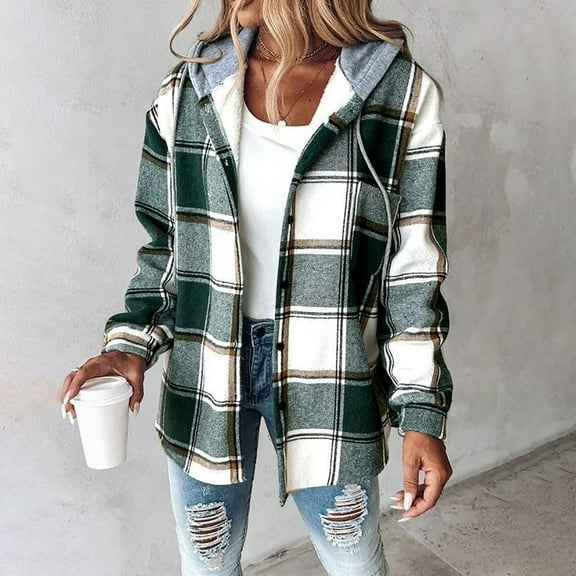 FAOWME Women's Hooded Coat Plaid Print Long Sleeve Button Drawstring Plush Lined Warmth Slim Fit Jacket For Casual Daily Wear,Green,S
