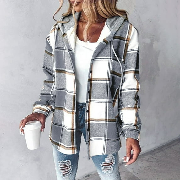 FAOWME Women's Hooded Coat Plaid Print Long Sleeve Button Drawstring Plush Lined Warmth Slim Fit Jacket For Casual Daily Wear,Grey,Xl