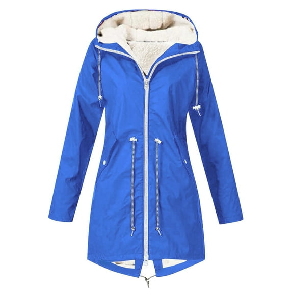 FAOWME Women's Hooded Coat With Pocket Plush Lined Waterproof Long Sleeve Mid Length Solid Color Zipper Drawstring Jacket For Outdoor Activities,Blue,M