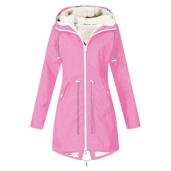 FAOWME Women's Hooded Coat With Pocket Plush Lined Waterproof Long Sleeve Mid Length Solid Color Zipper Drawstring Jacket For Outdoor Activities,Pink,S