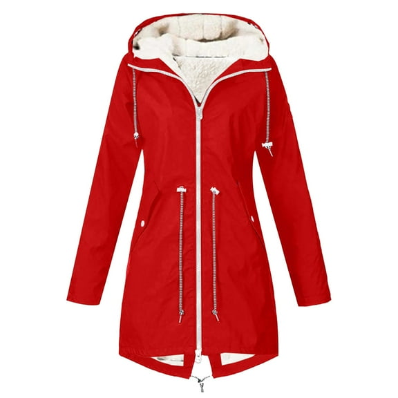 FAOWME Women's Hooded Coat With Pocket Plush Lined Waterproof Long Sleeve Mid Length Solid Color Zipper Drawstring Jacket For Outdoor Activities,Red,M
