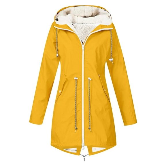 FAOWME Women's Hooded Coat With Pocket Plush Lined Waterproof Long Sleeve Mid Length Solid Color Zipper Drawstring Jacket For Outdoor Activities,Yellow,M