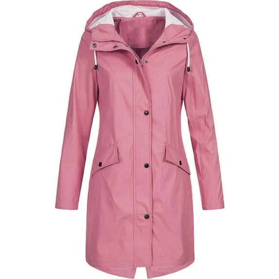 FAOWME Women's Hooded Coat With Pocket Solid Color Long Sleeve Zipper Windproof Mid Length Comfortable Jacket For Outdoor Activities,Pink,M